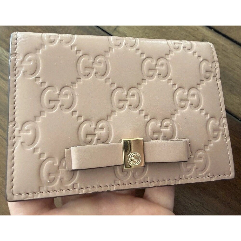 Gucci Guccissima Bow Bifold Card Case Wallet Pink Beige Nude Leather 451192